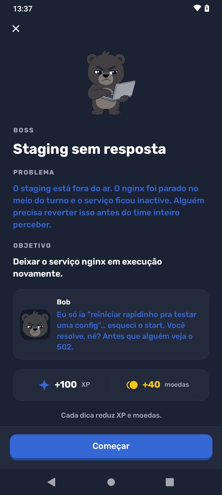 Print do desafio contra o Bob: Staging sem resposta